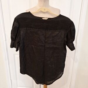 Vintage Eunice Black Linen short puffy sleeve Shoulder pads top